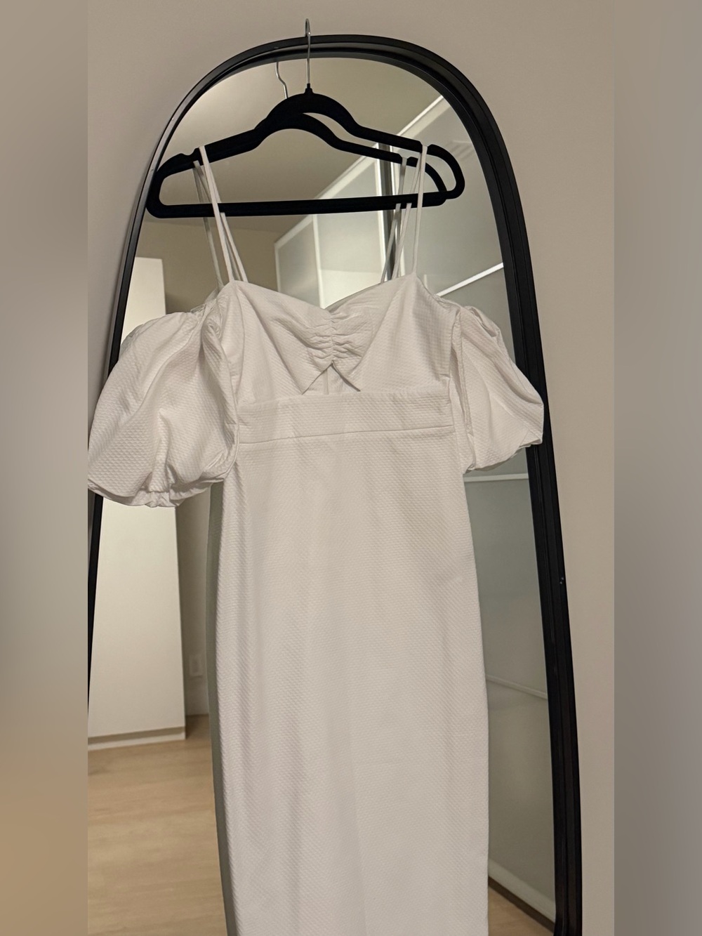 White Puff Sleeve Midi Dress with Sweetheart Detail